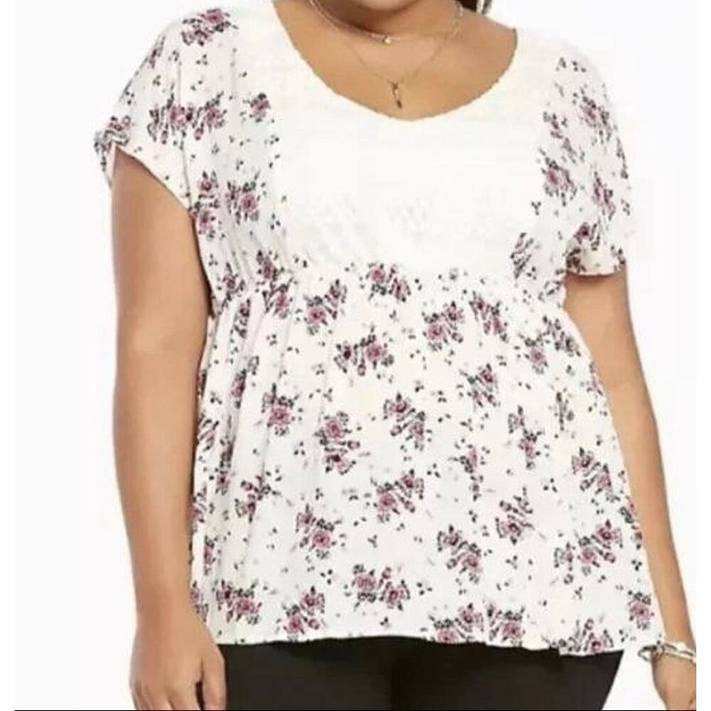 Torrid size 1 floral print gauze lace inset top shirt white pink